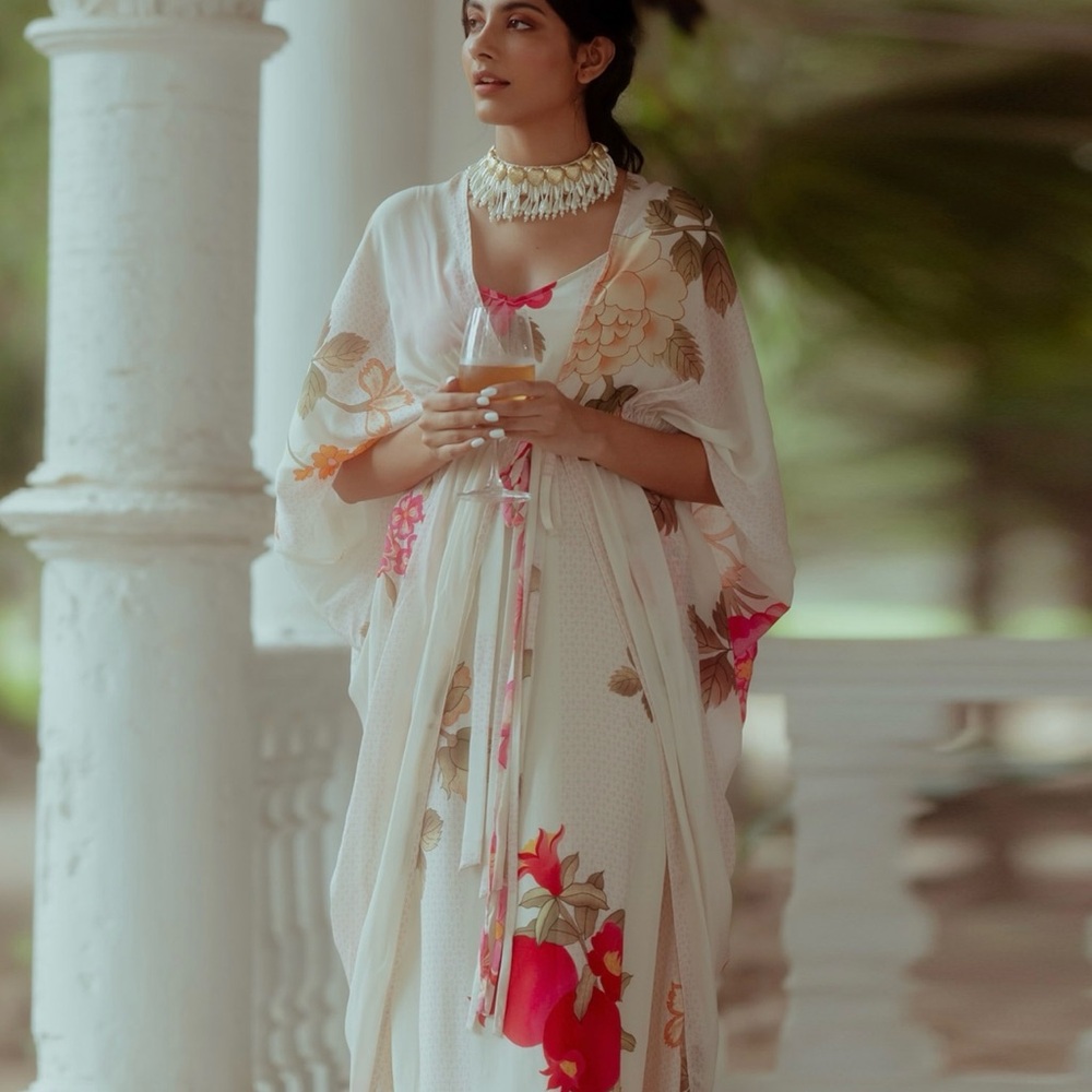 Off white printed jacket dress- floral v neck dress with jacket